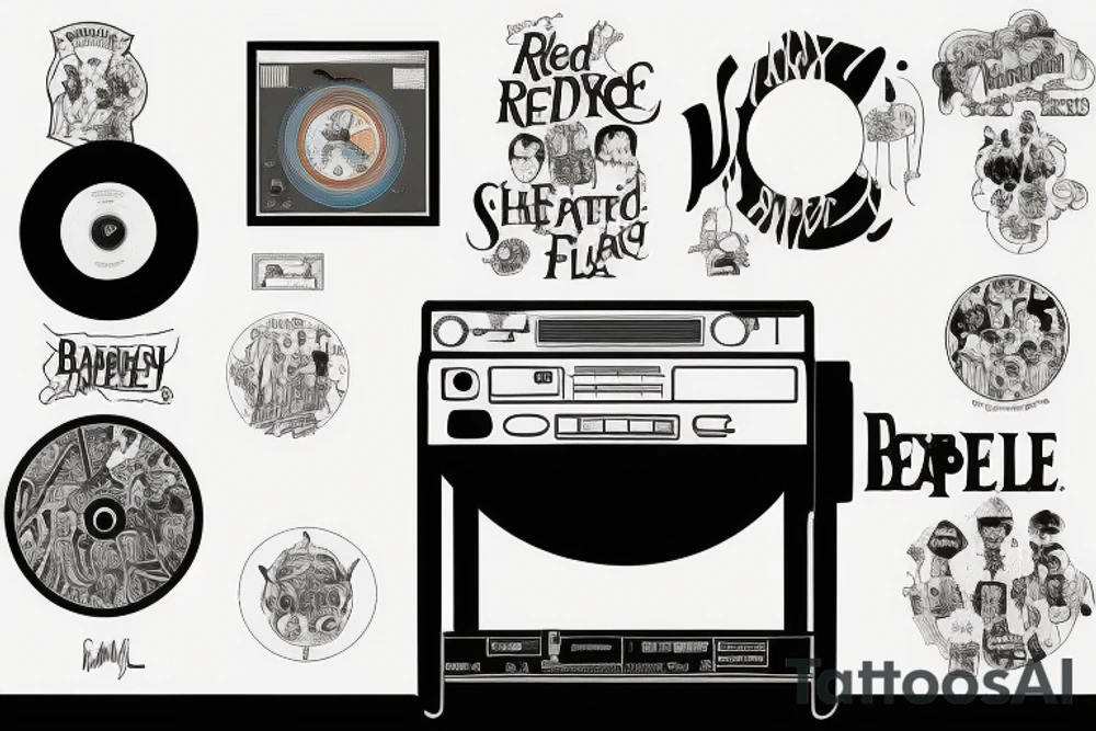 a vinyl record player surrounded by artwork of the Beatles, red hot chilli peppers, rex Orange County, Fleetwood Mac, billy Joel, Lana del hey tattoo idea