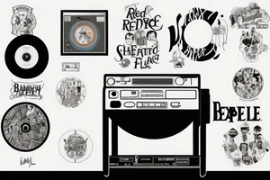 a vinyl record player surrounded by artwork of the Beatles, red hot chilli peppers, rex Orange County, Fleetwood Mac, billy Joel, Lana del hey tattoo idea