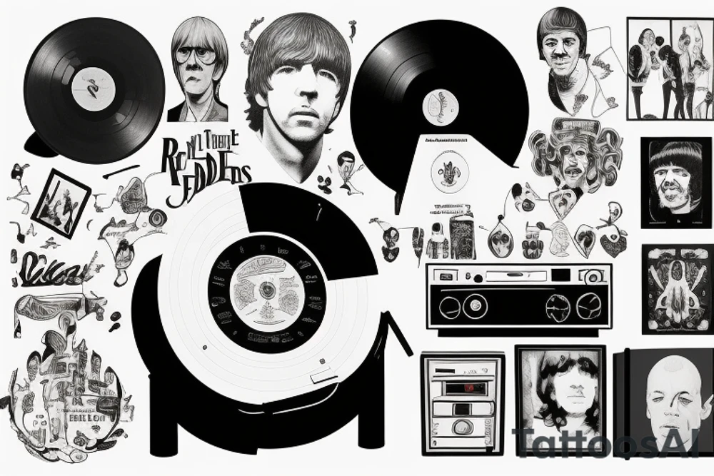 a vinyl record player surrounded by artwork of the Beatles, red hot chilli peppers, rex Orange County, Fleetwood Mac, billy Joel, Lana del hey tattoo idea