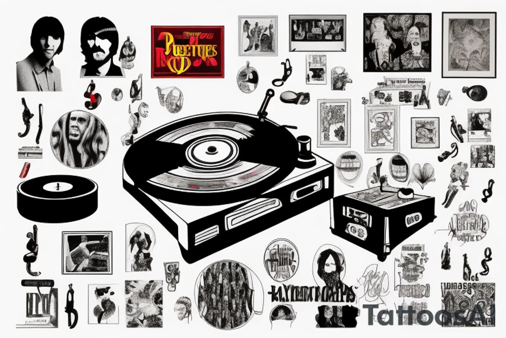 a vinyl record player surrounded by artwork of the Beatles, red hot chilli peppers, rex Orange County, Fleetwood Mac, billy Joel, Lana del rey tattoo idea