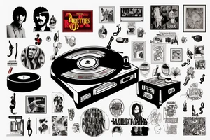 a vinyl record player surrounded by artwork of the Beatles, red hot chilli peppers, rex Orange County, Fleetwood Mac, billy Joel, Lana del rey tattoo idea