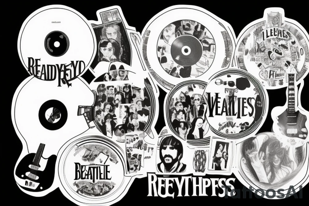 a vinyl record player surrounded by artwork of the Beatles, red hot chilli peppers, rex Orange County, Fleetwood Mac, billy Joel, Lana del rey tattoo idea