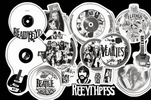 a vinyl record player surrounded by artwork of the Beatles, red hot chilli peppers, rex Orange County, Fleetwood Mac, billy Joel, Lana del rey tattoo idea