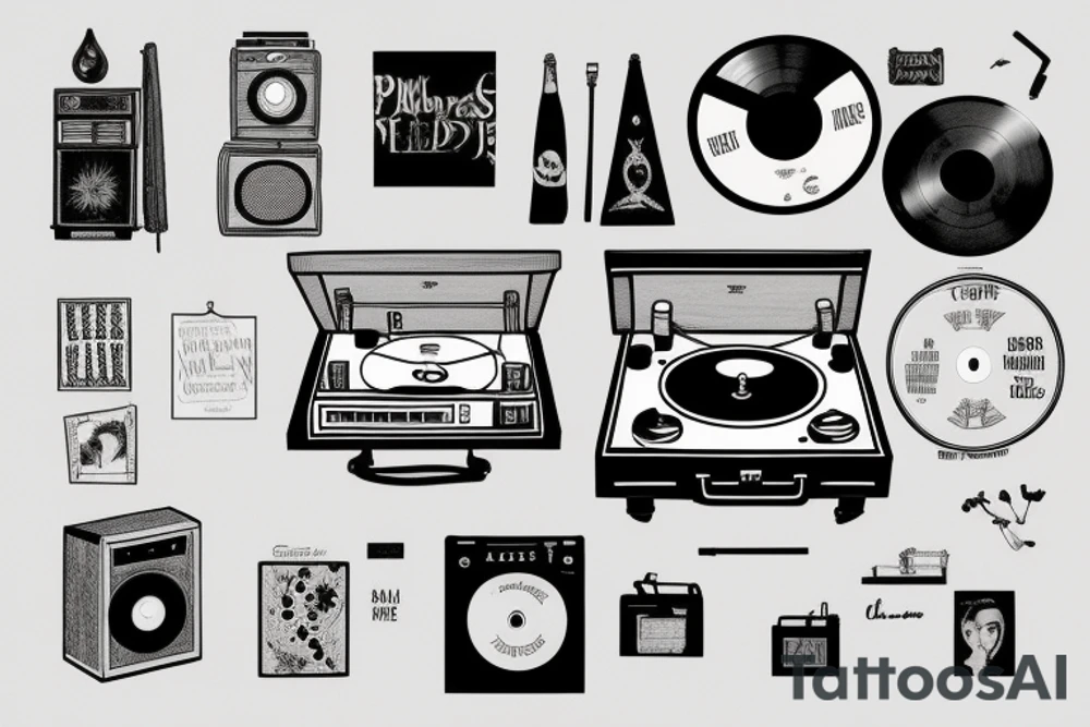 a vinyl record player with minimalistic 
artwork coming out of it inspired by the Beatles, red hot chilli peppers, rex Orange County, Fleetwood Mac, billy Joel, Lana del rey tattoo idea