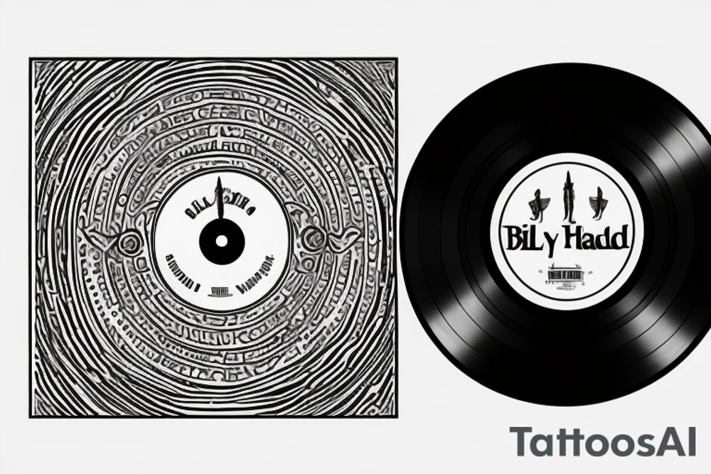 a vinyl record player with minimalistic 
artwork coming out of it inspired by the Beatles, red hot chilli peppers, rex Orange County, Fleetwood Mac, billy Joel, Lana del rey tattoo idea