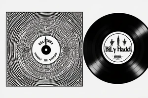 a vinyl record player with minimalistic 
artwork coming out of it inspired by the Beatles, red hot chilli peppers, rex Orange County, Fleetwood Mac, billy Joel, Lana del rey tattoo idea