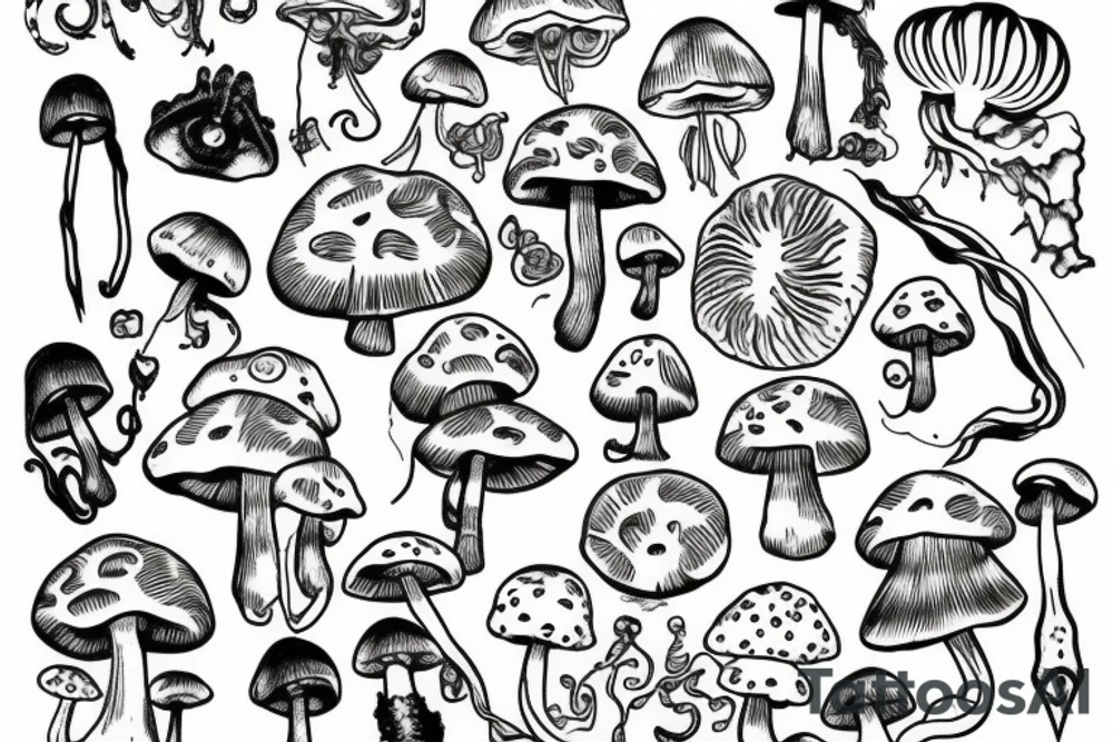 Brain, DNA chain, mushrooms, spirituality tattoo idea