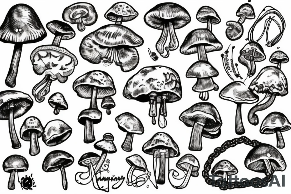 Brain, DNA chain, mushrooms, spirituality tattoo idea