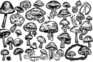 Brain, DNA chain, mushrooms, spirituality tattoo idea