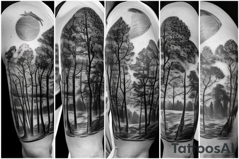 A nature scene with trees and a river/creek with a fisherman in the river/creek area. Include an American flag somewhere in the sky area. tattoo idea