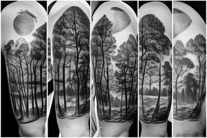 A nature scene with trees and a river/creek with a fisherman in the river/creek area. Include an American flag somewhere in the sky area. tattoo idea