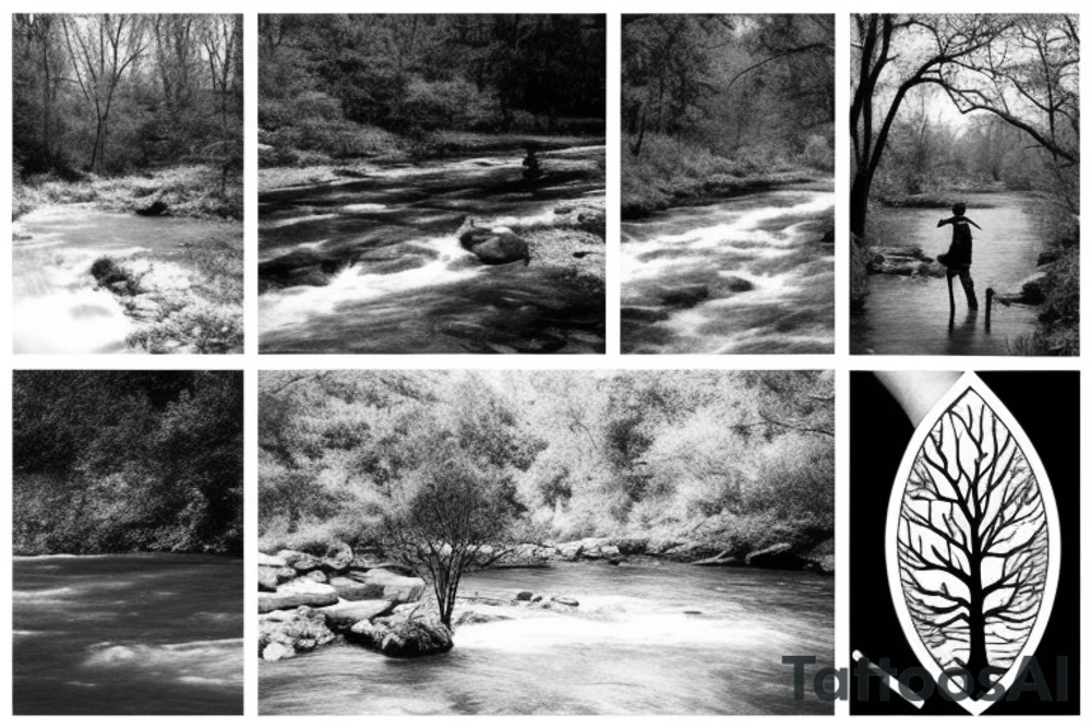 A nature scene with trees and a river/creek with a fisherman in the river/creek area. Include an American flag somewhere in the sky area. tattoo idea