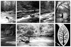 A nature scene with trees and a river/creek with a fisherman in the river/creek area. Include an American flag somewhere in the sky area. tattoo idea