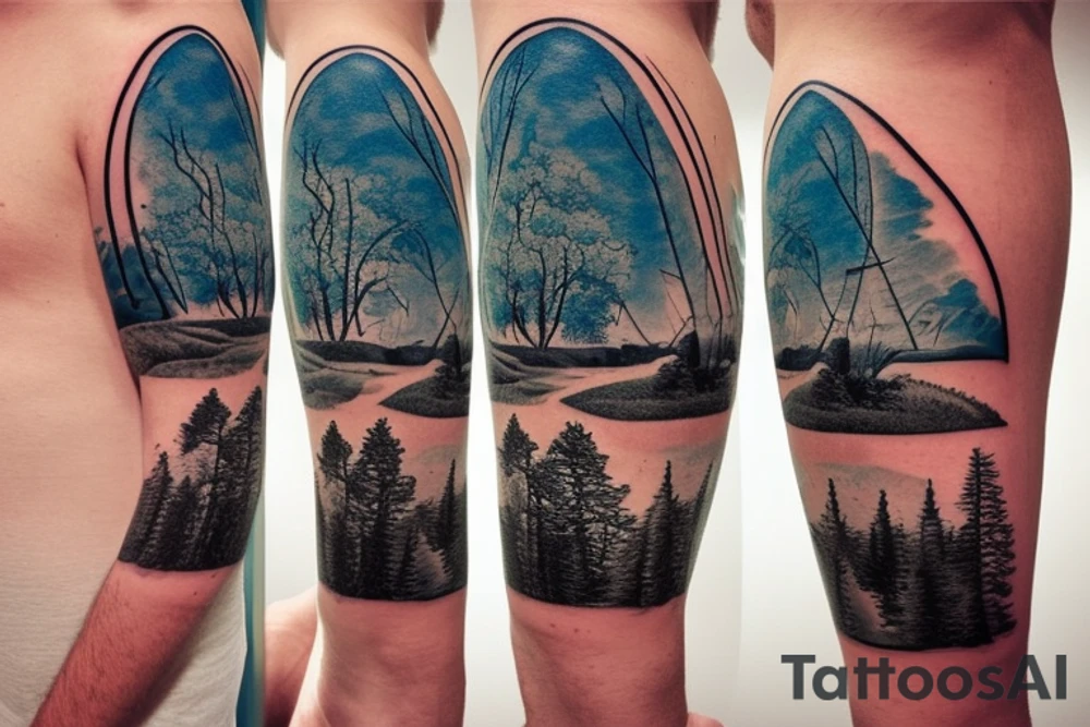 A nature scene with trees and a river/creek with a fisherman in the river/creek area. Include an American flag somewhere in the sky area. tattoo idea