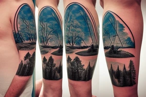 A nature scene with trees and a river/creek with a fisherman in the river/creek area. Include an American flag somewhere in the sky area. tattoo idea