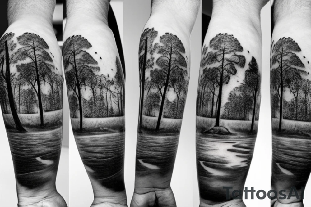 A nature scene with trees and a river/creek with a fisherman in the river/creek area. Include an American flag somewhere in the sky area. tattoo idea