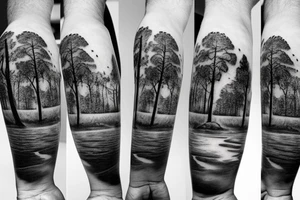 A nature scene with trees and a river/creek with a fisherman in the river/creek area. Include an American flag somewhere in the sky area. tattoo idea