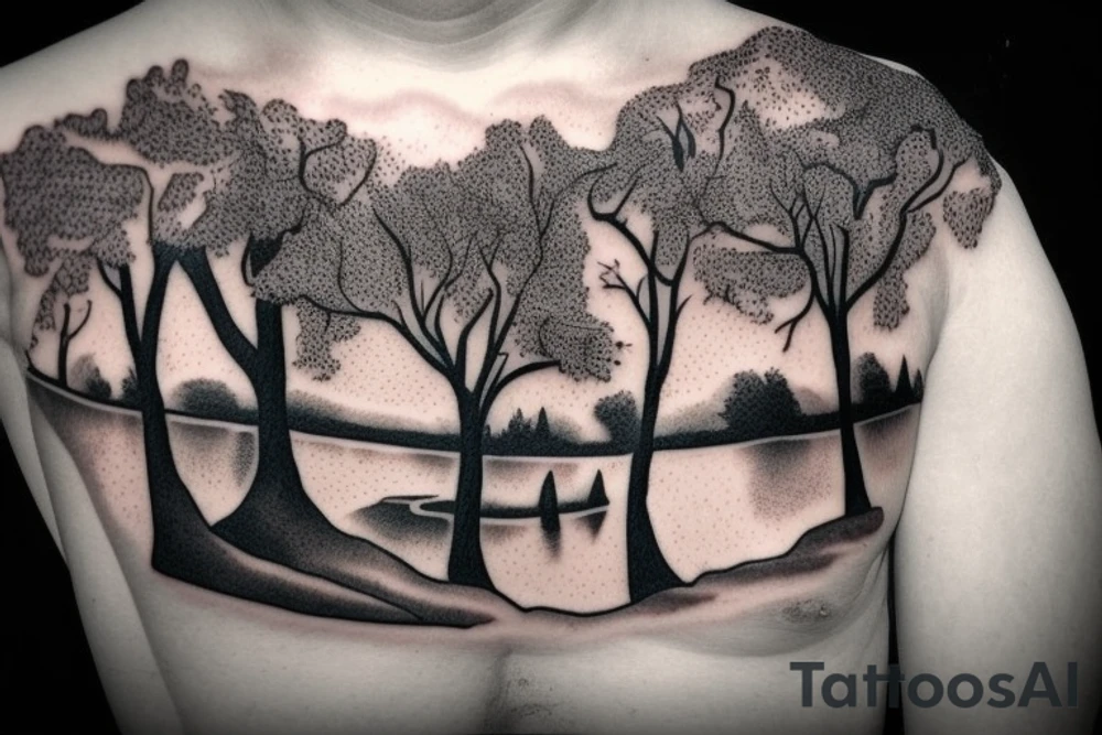A nature scene with trees and a river/creek with a fisherman in the river/creek area. Include an American flag somewhere in the sky area. tattoo idea