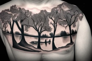 A nature scene with trees and a river/creek with a fisherman in the river/creek area. Include an American flag somewhere in the sky area. tattoo idea