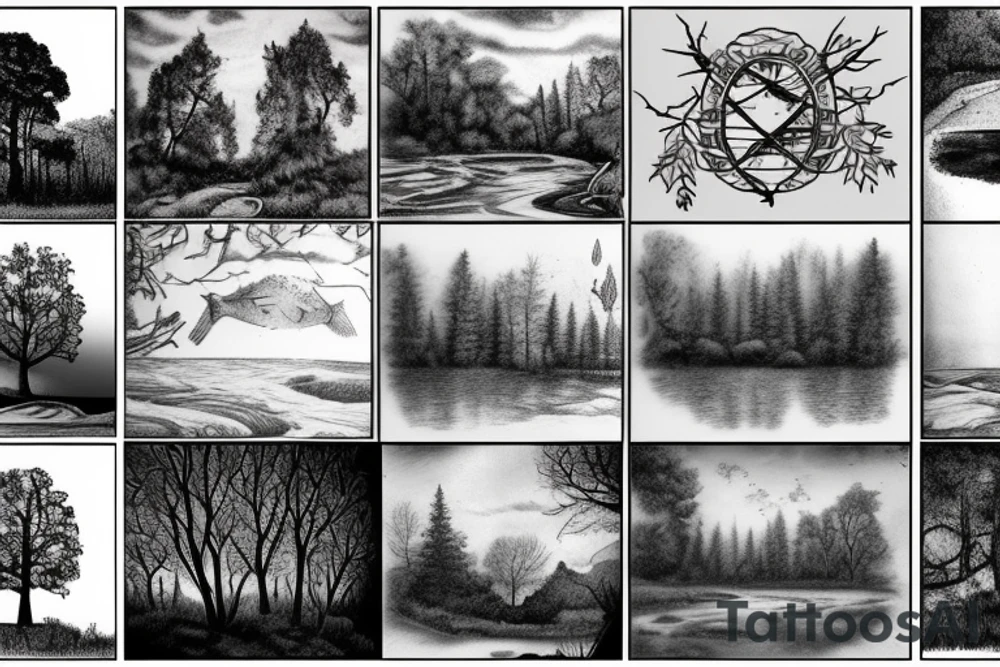 A nature scene with trees and a river/creek with a fisherman in the river/creek area. Include an American flag somewhere in the sky area. tattoo idea