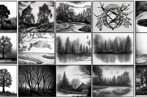 A nature scene with trees and a river/creek with a fisherman in the river/creek area. Include an American flag somewhere in the sky area. tattoo idea