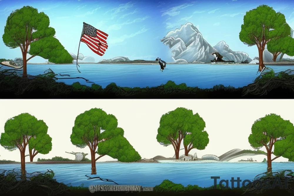 A nature scene with trees and a river/creek. A fisherman is fishing. An American flag in the sky. tattoo idea