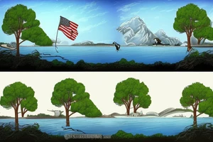 A nature scene with trees and a river/creek. A fisherman is fishing. An American flag in the sky. tattoo idea