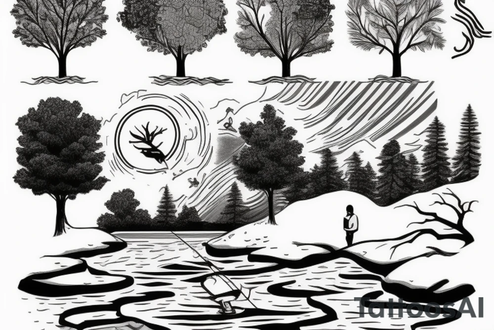 A nature scene with trees and a river/creek. A fisherman is fishing. An American flag in the sky. tattoo idea