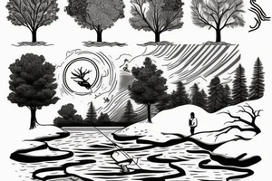A nature scene with trees and a river/creek. A fisherman is fishing. An American flag in the sky. tattoo idea