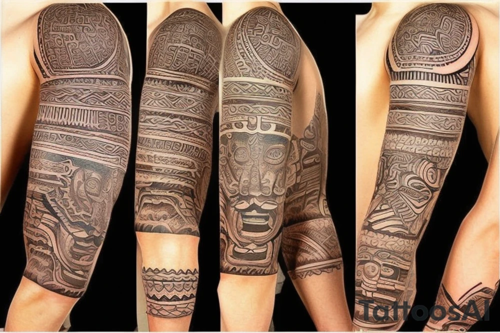 sleeve tatto with aztec and mayan culture tattoo idea
