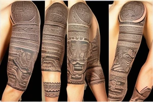 sleeve tatto with aztec and mayan culture tattoo idea