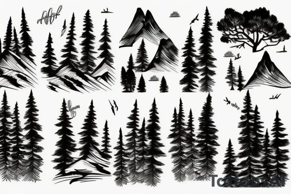 Mountains with pine trees tattoo idea