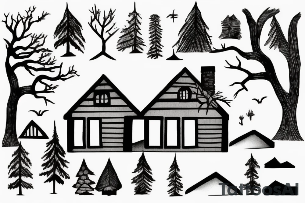 the house stands in the forest near the river tattoo idea
