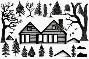 the house stands in the forest near the river tattoo idea