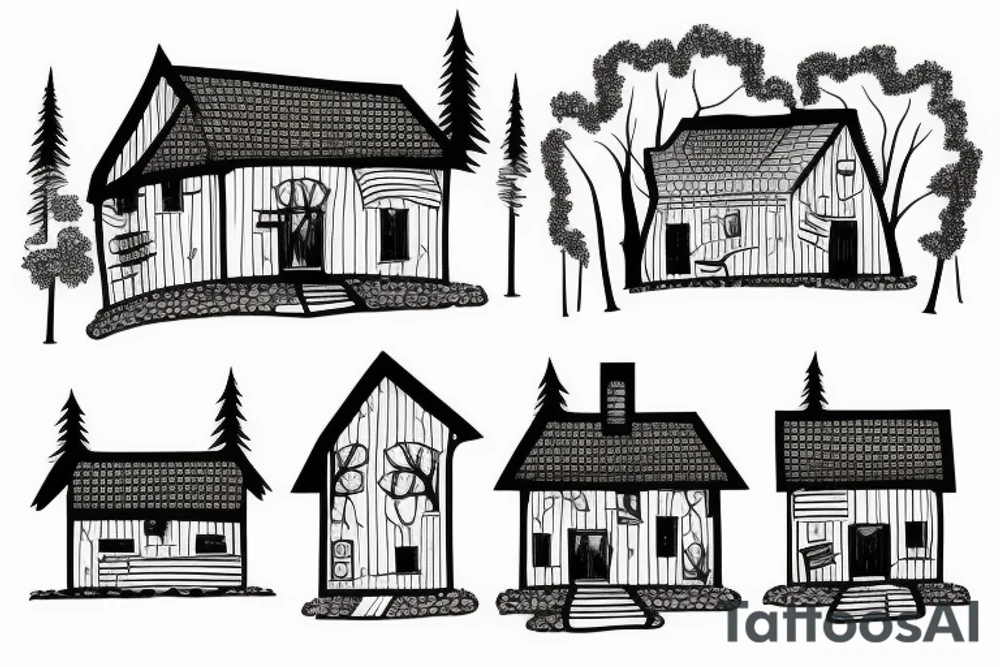 the house stands in the forest near the river tattoo idea