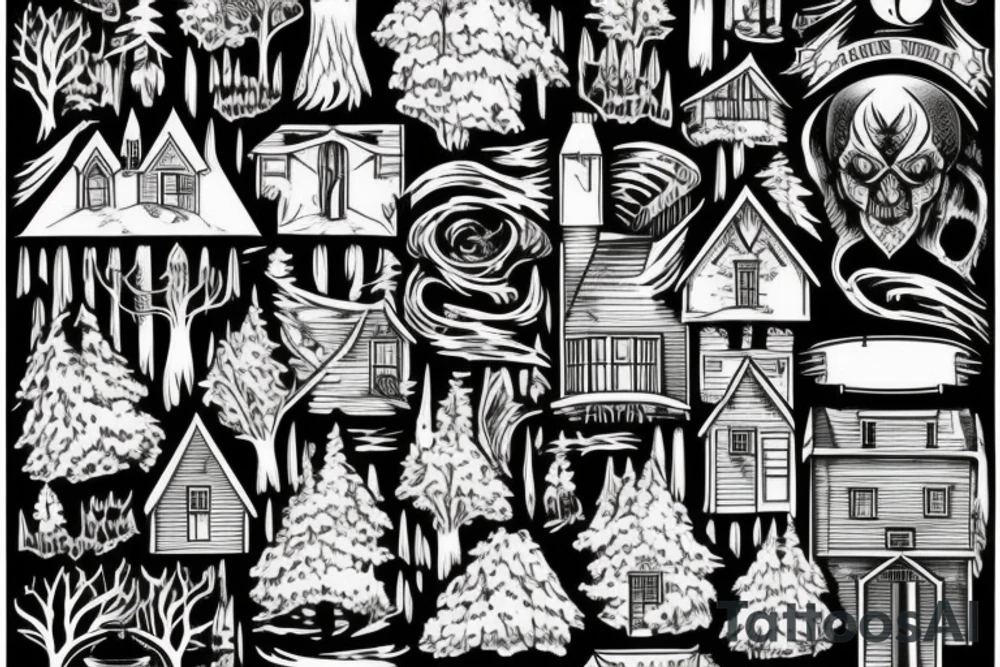 the house stands in the forest near the river tattoo idea