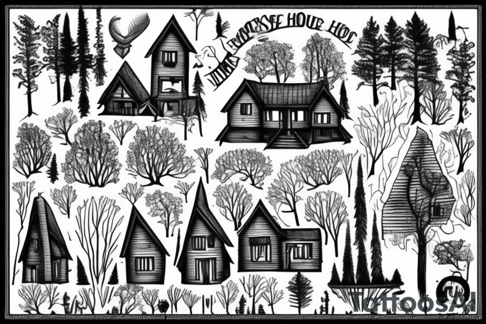 the house stands in the forest near the river tattoo idea