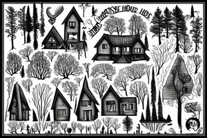 the house stands in the forest near the river tattoo idea