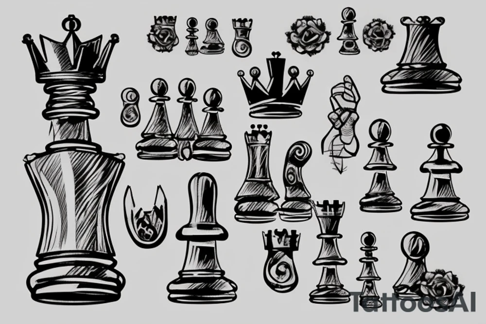 a chess board , a king piece and a hand hovering over the piece tattoo idea