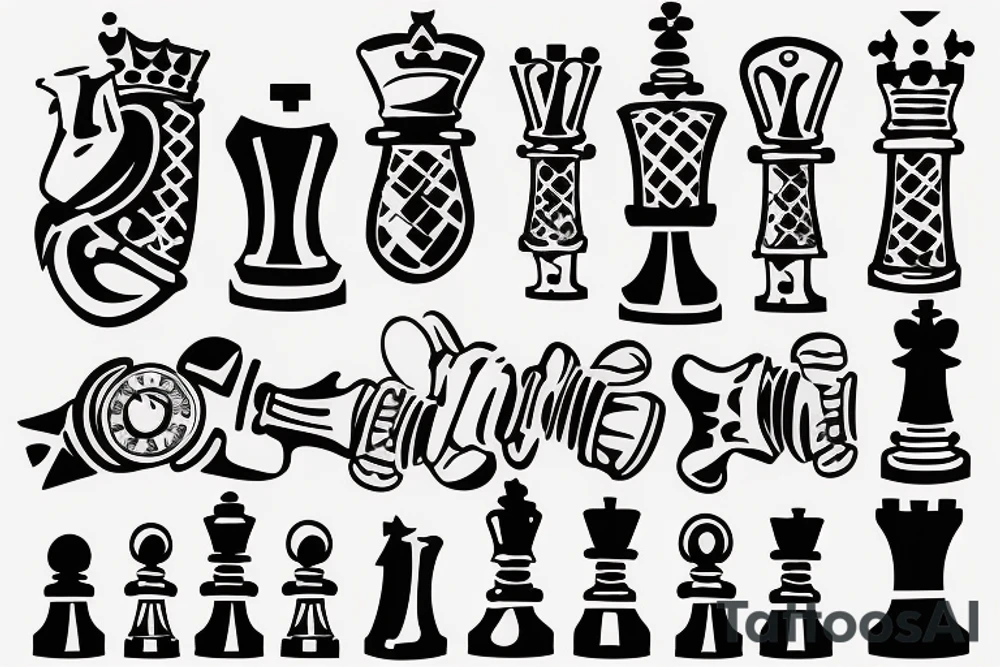a king piece and a hand hovering over a chess board tattoo idea