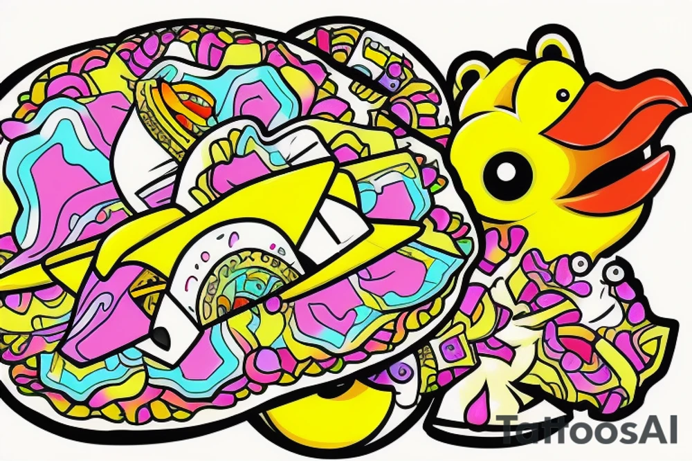rubber ducky eating a psychedelic taco and drinking champagne tattoo idea