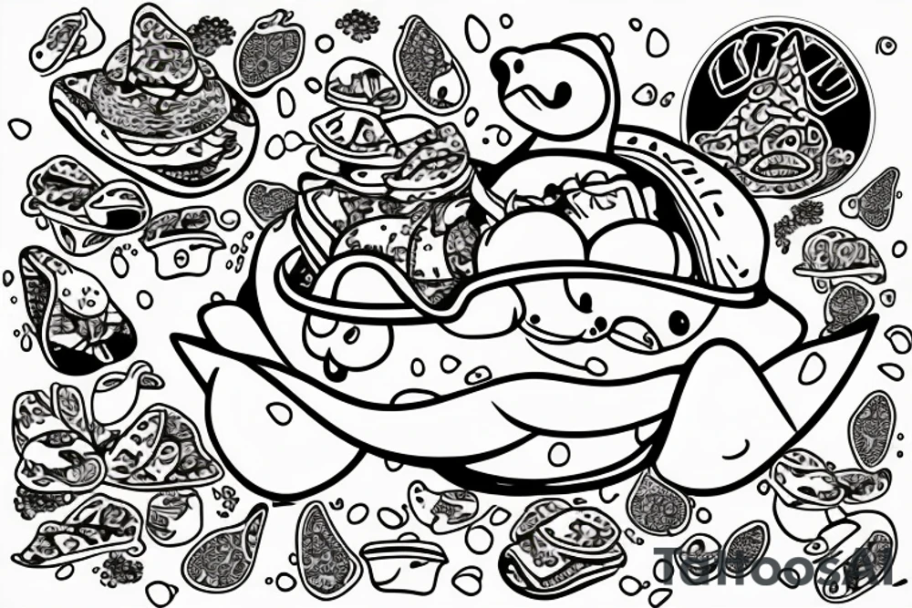 a rubber duckie in a taco with champagne in the background psychedelic mushroom tattoo idea