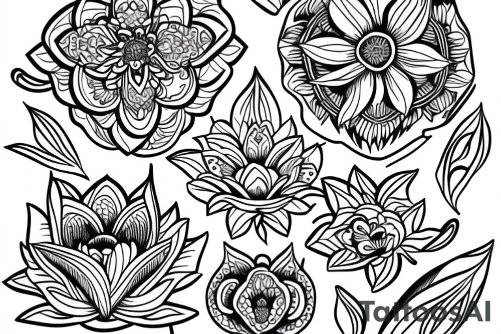 fine line, orchids, mandala, lotus tattoo idea