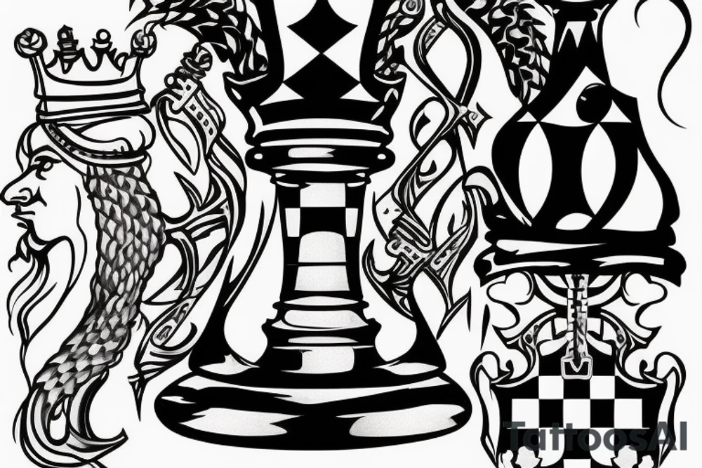 A chess board with a white king and a hand hovering over the king tattoo idea