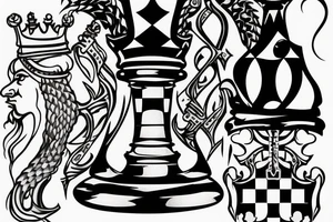 A chess board with a white king and a hand hovering over the king tattoo idea