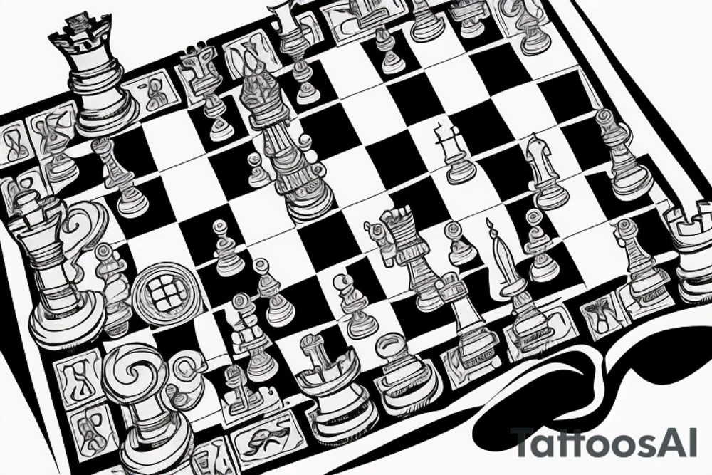 A chess board with a white king and a hand hovering over the king tattoo idea