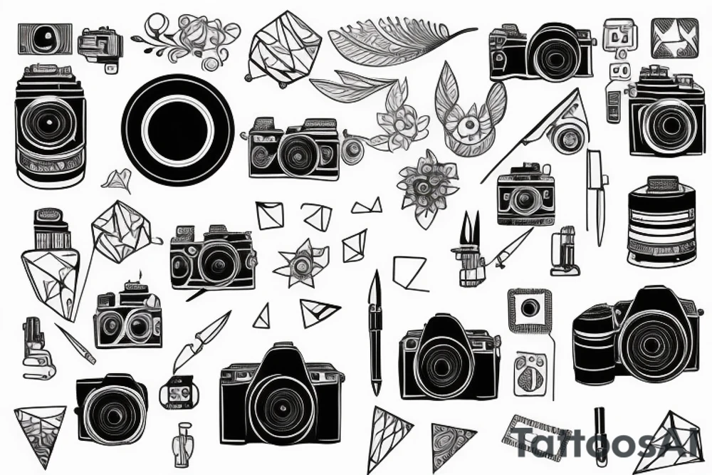 camera with cardinal points and fountain pen tattoo idea