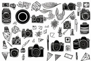 camera with cardinal points and fountain pen tattoo idea