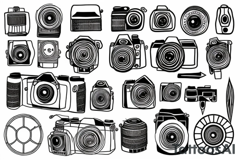 camera with cardinal points and fountain pen tattoo idea