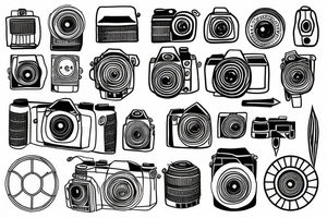camera with cardinal points and fountain pen tattoo idea
